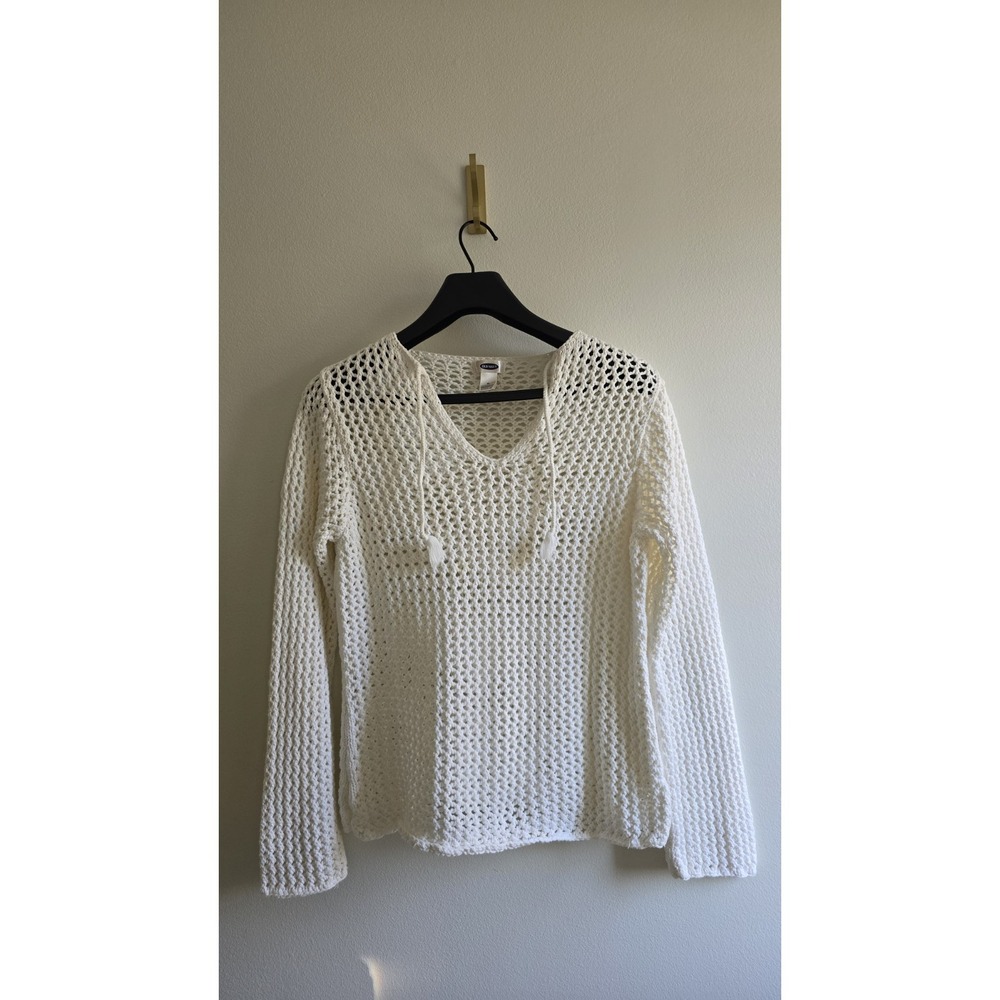 Old Navy Crochet Knit Hoodie Sweater Womens XL White Boho Beach Lightweight